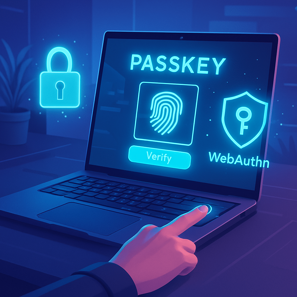 Futuristic workplace: a user authenticates to a laptop using device-bound keys and biometrics, glowing passkeys and WebAuthn icons, phishing-resistant security.
