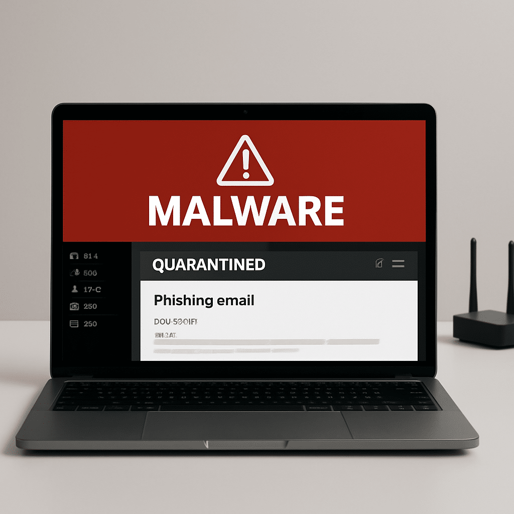 Laptop on clean desk, high-contrast screen showing malware alert and quarantined phishing email preview, small router in background, minimal neutral studio backdrop, no logos, no people