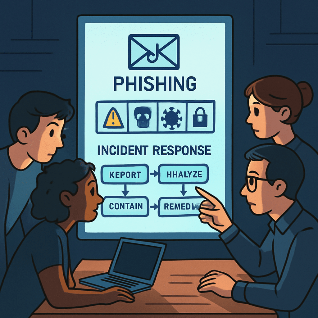 A small team gathers around a desk, analyzing a glowing phishing email with a simple one-page playbook, risk icons, and a clean incident response flowchart.