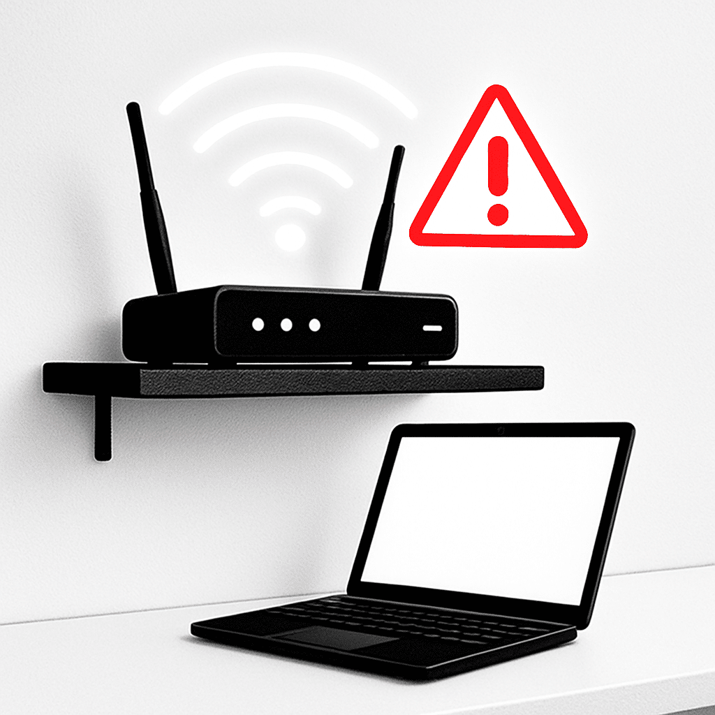 Home router on shelf with glowing Wi-Fi waves and red warning icon, laptop nearby, clean white background, high-contrast, minimal