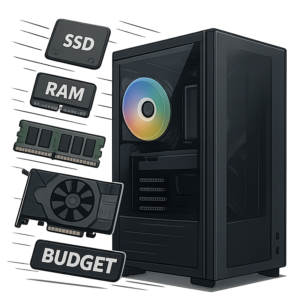 Sleek PC tower with floating SSD, RAM, GPU, cooling, and budget labels, speed lines emphasizing affordable performance gains.