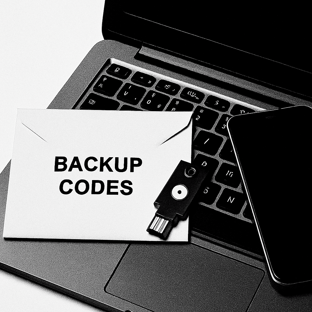 High-contrast thumbnail of a sealed envelope labeled 'Backup Codes' beside a hardware security key and powered-off spare phone on a laptop keyboard, clean background