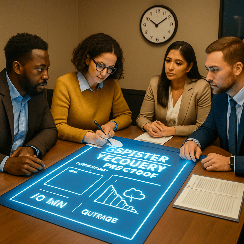 Diverse team around a conference table with a glowing DR template, inject notes, and a clock, capturing a 90-minute tabletop disaster-recovery exercise with runbooks and outage visuals.
