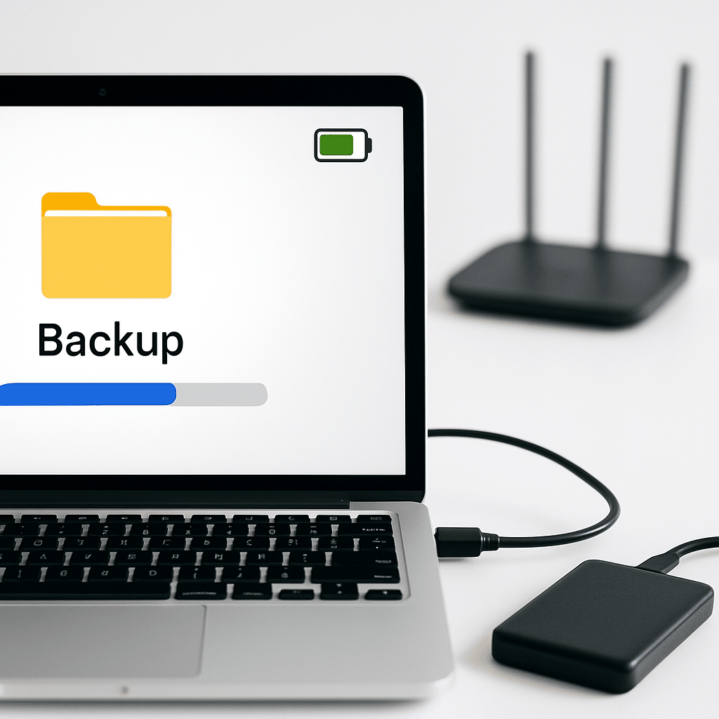 Close-up of laptop with external hard drive plugged in, charger connected, charging battery icon visible; clean high-contrast background, visible backup folder and progress bar, Wi‑Fi router blurred behind.