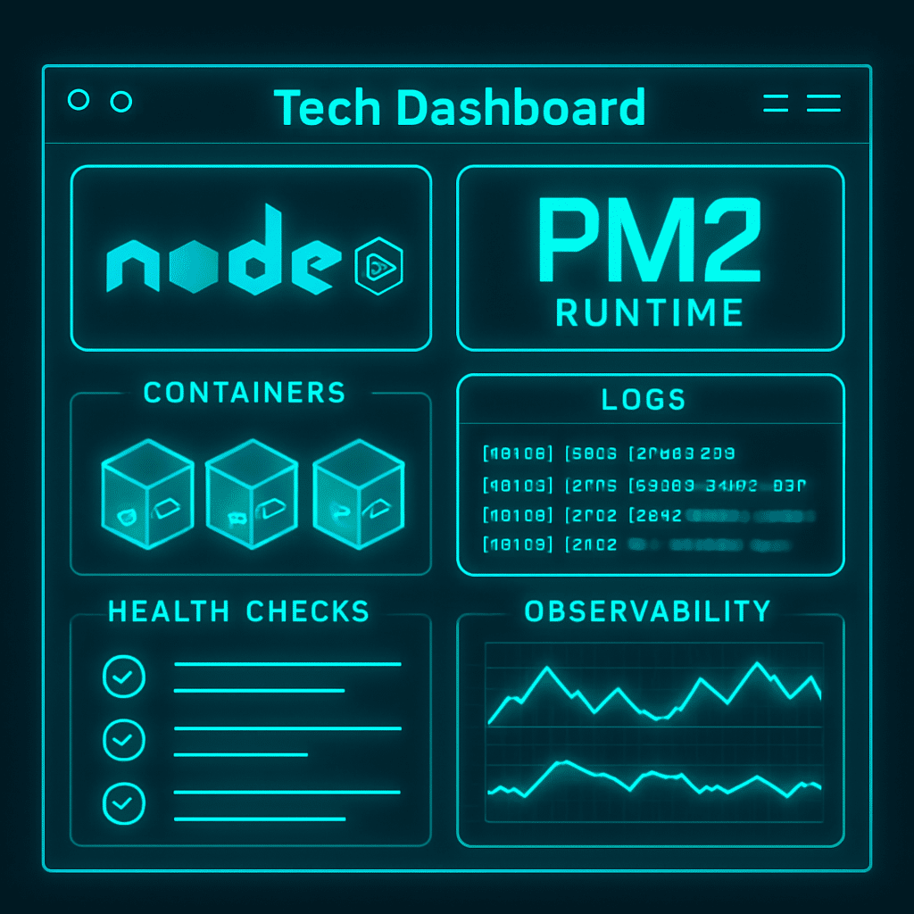 Tech dashboard illustrating Node.js, PM2-runtime, Docker containers, streaming stdout logs, health checks, and observability graphs in a neon blue-green palette.