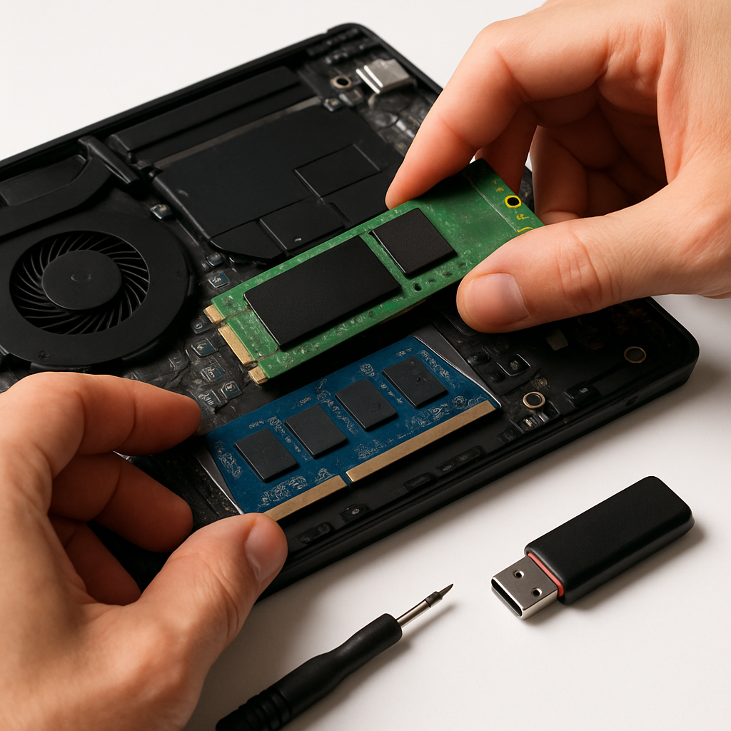 Close-up of hands (no face) reseating an NVMe SSD and RAM inside a laptop, clean high-contrast background, screwdriver and unplugged USB drive nearby, sharp focus on components.