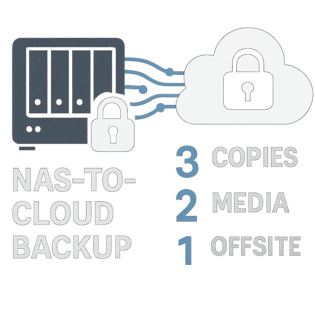Sleek infographic-style thumbnail of NAS-to-cloud backup illustrating the 3-2-1 rule: three copies, two media, one offsite, with locks, cloud and data streams, and a checkmark emphasis.