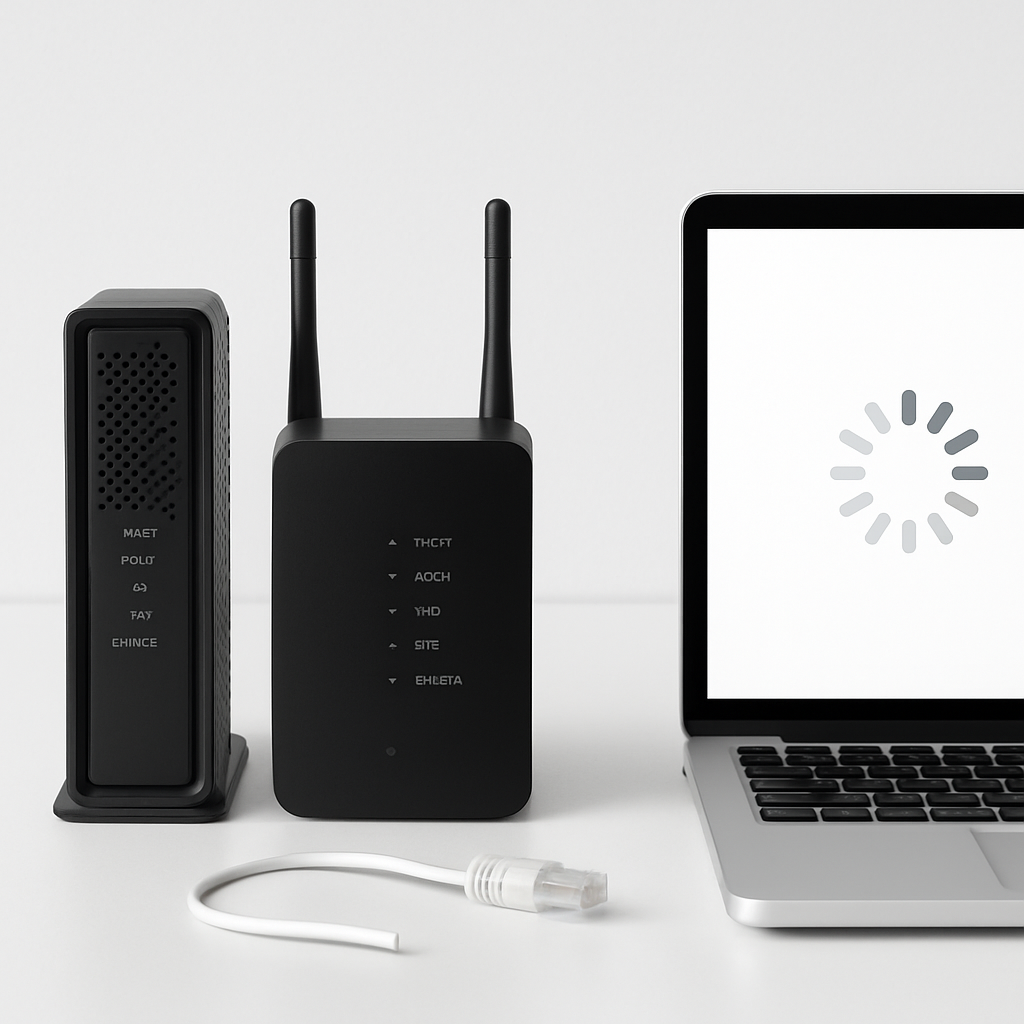 Close-up of modem and router side-by-side on clean white table, unplugged Ethernet cable, laptop beside showing spinning loading icon, high-contrast minimal background, no logos, no people
