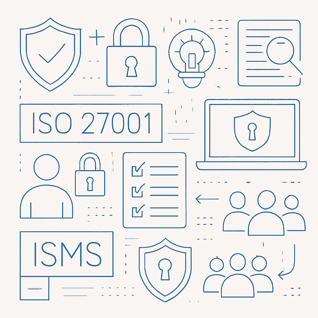 Minimalist startup collage: security culture icons, ISO 27001 concepts, lightweight ISMS elements, and trustful data flows between teams in a clean modern blueprint style.