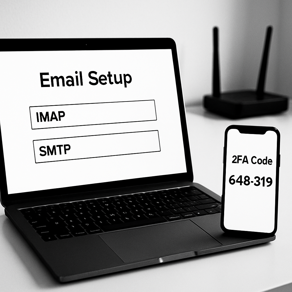 Laptop screen displaying email setup with IMAP/SMTP labels, smartphone showing 2FA code beside it, clean minimalist desk, router blurred in background, high-contrast, simple composition
