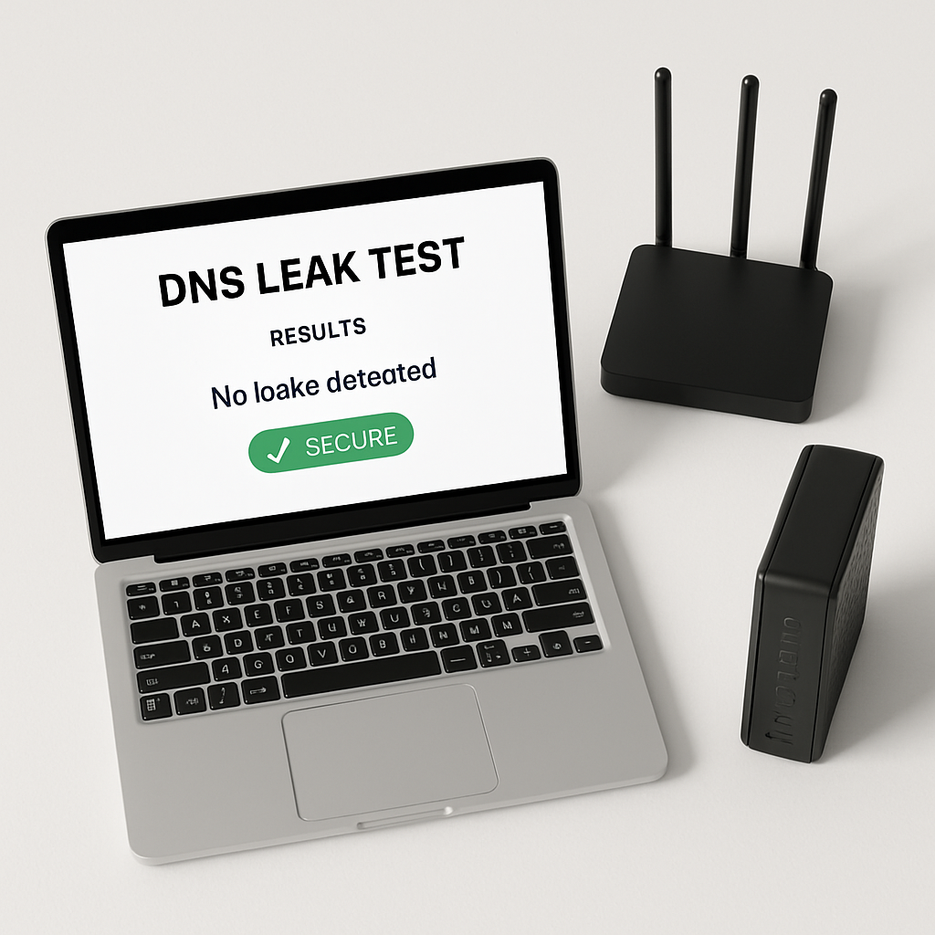 Close-up of laptop on clean desk showing a DNS leak test results page, green secure indicator, nearby router and modem, high-contrast minimal background, top-down view