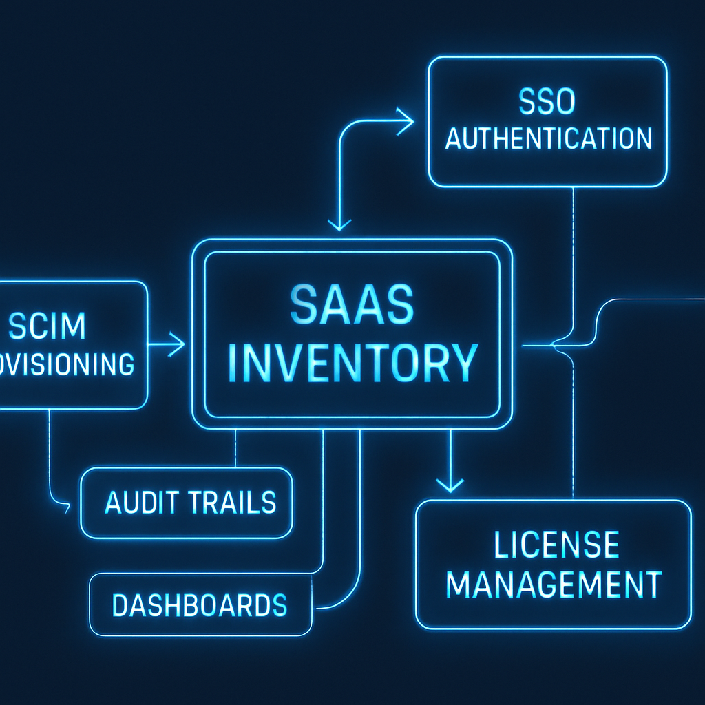 Futuristic flow diagram of SCIM provisioning, SSO authentication, and license management feeding a central SaaS inventory with audit trails and dashboards.
