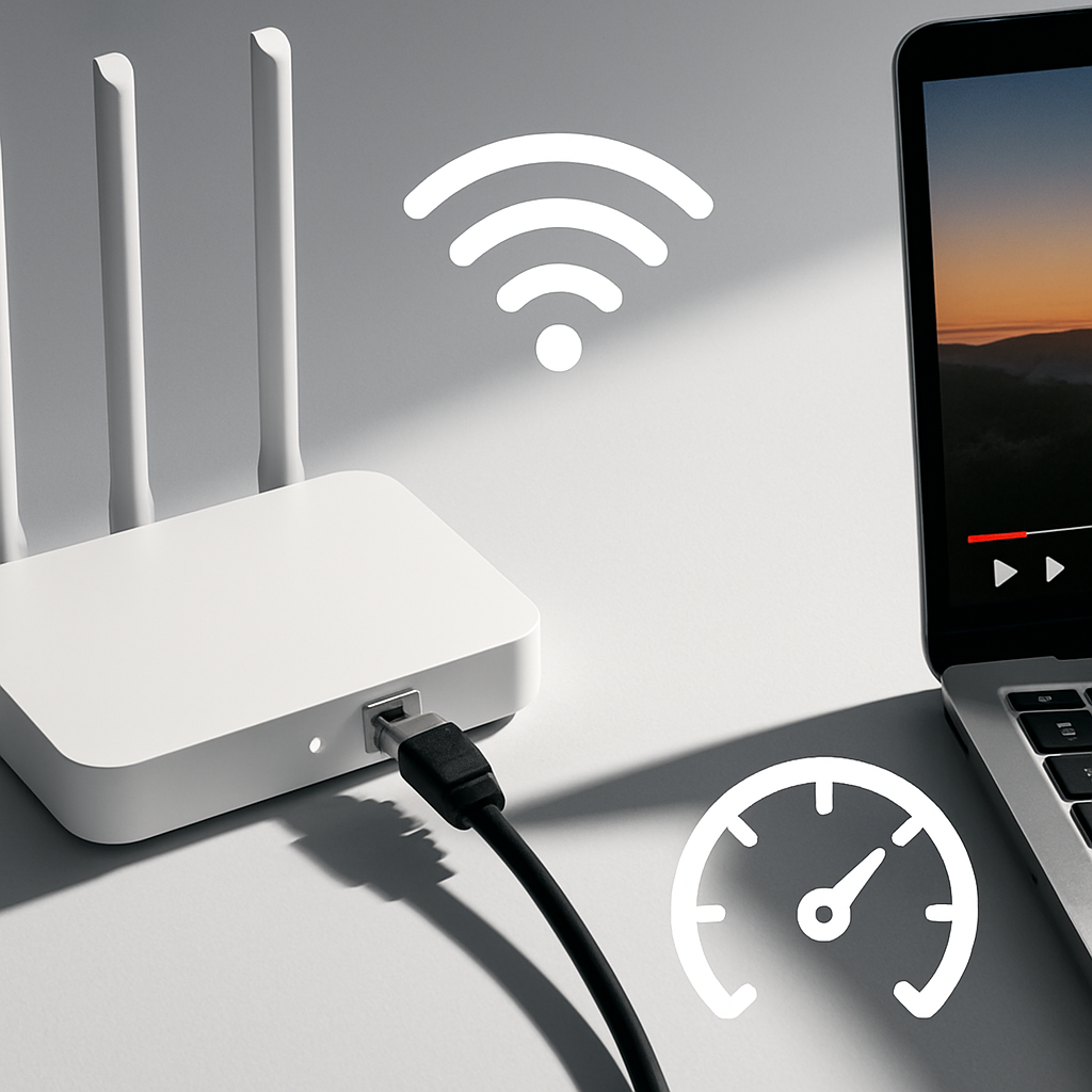 Close-up router with Ethernet cable and laptop streaming video on clean background, Wi-Fi signal icon and small speedometer overlay, high-contrast lighting, minimal composition