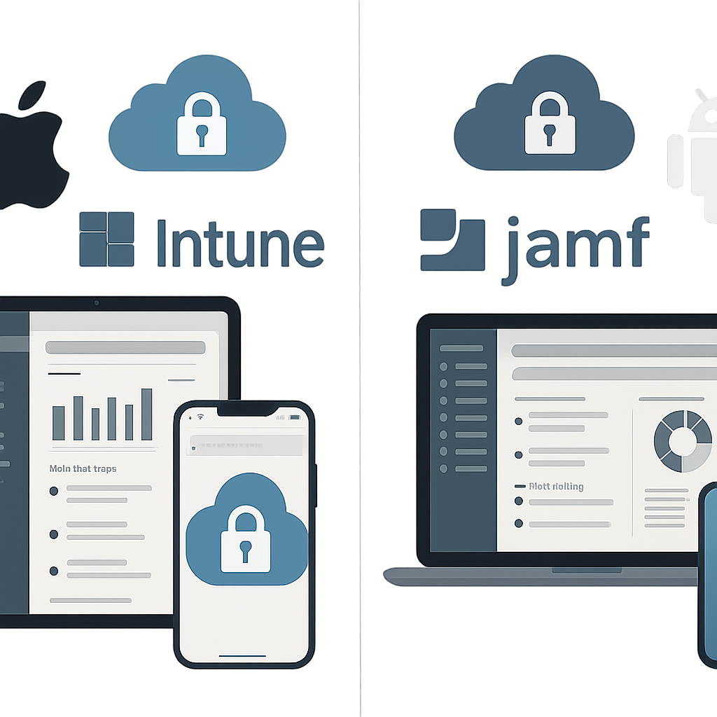 Polished split-screen illustration: Apple devices vs Windows/Android, with Intune and Jamf logos, cloud security icons, and enterprise MDM management UI.