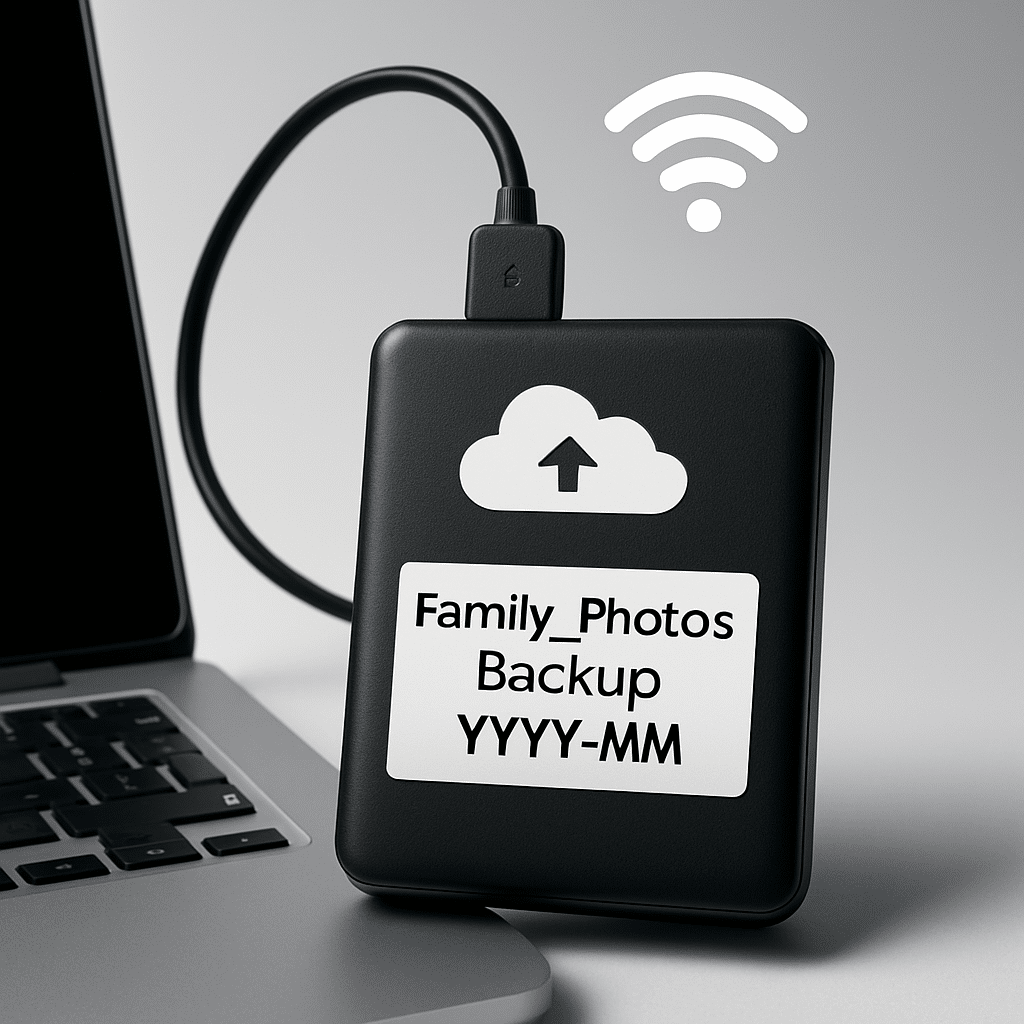 Close-up of external USB hard drive labeled 'Family_Photos_Backup_YYYY-MM' beside laptop, simple clean background, floating cloud sync icon and Wi‑Fi signal, high contrast, studio lighting