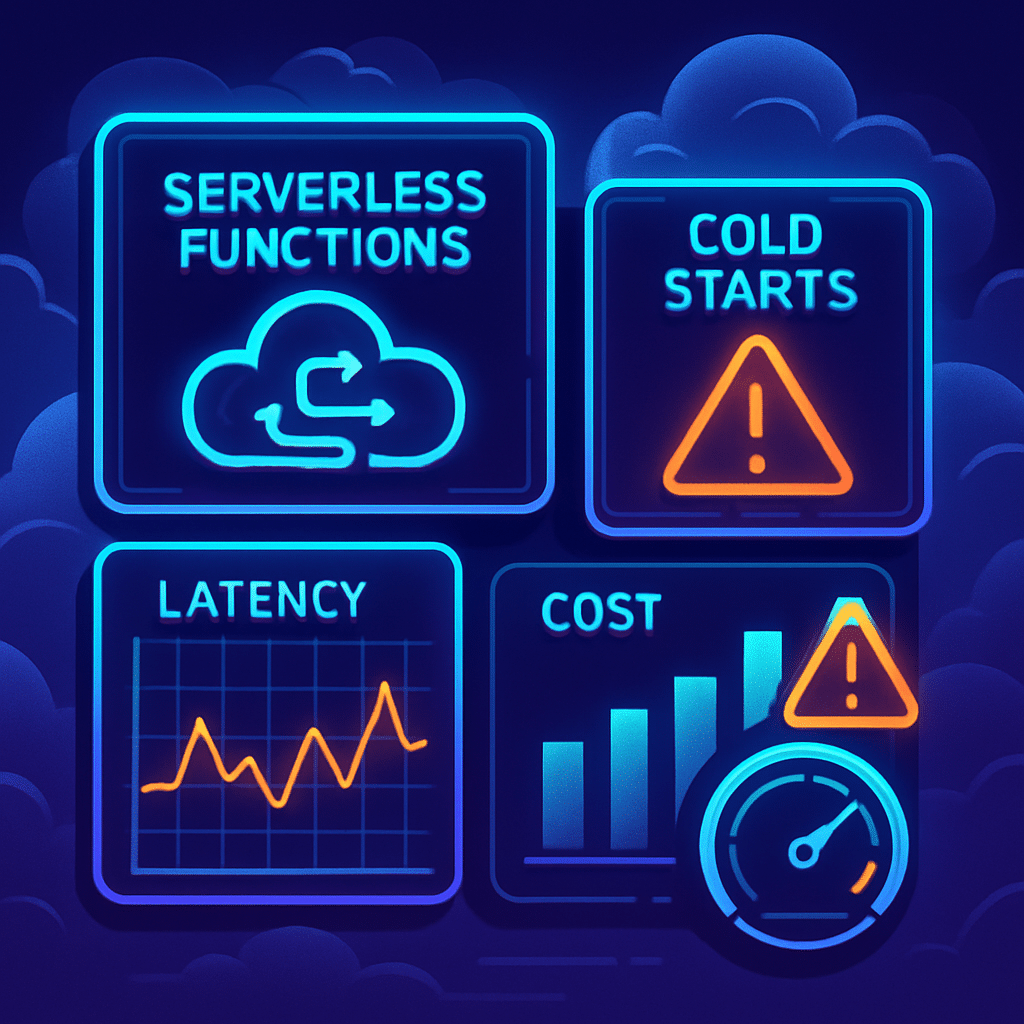 Dynamic, futuristic dashboard illustration showing serverless functions, cold starts, latency charts, and cost meters with alert indicators in a cloud environment.