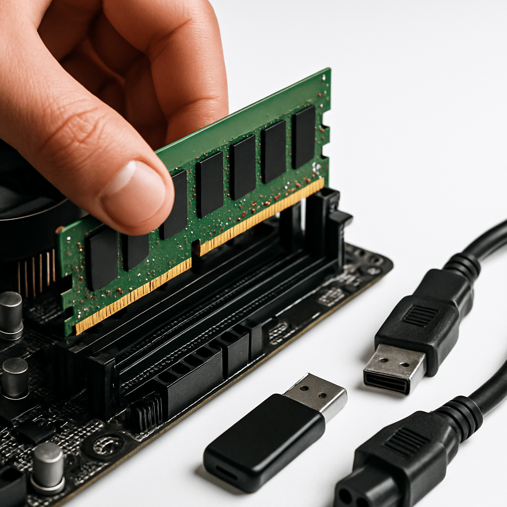 Close-up of a single RAM module being inserted into a desktop motherboard, clean high-contrast background, USB drive and power cable nearby, conveys post-upgrade stability testing