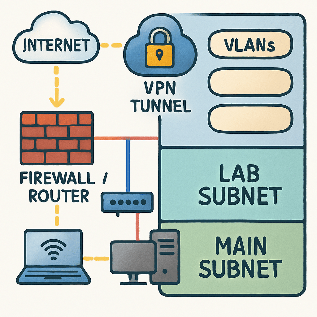 Visually dynamic home lab network diagram: firewall/router, VLANs, VPN tunnel, lab vs main subnets, with highlighted split-tunneling traffic paths.