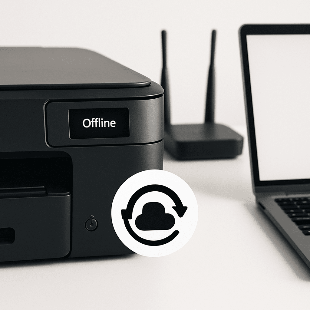 Close-up wireless printer showing Offline on small display beside a laptop and router, backup icon overlay, clean white background, high-contrast, minimal studio lighting