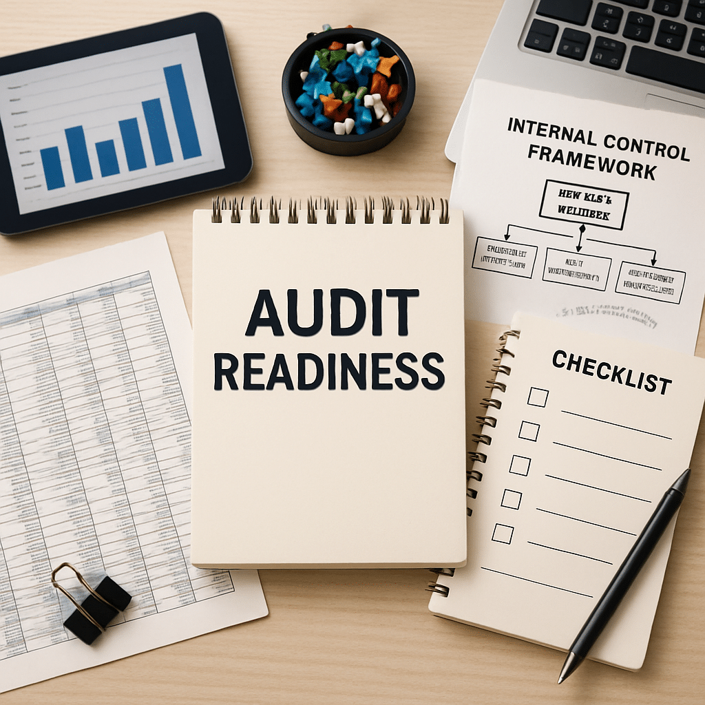 Modern startup audit readiness scene: organized ledgers, checklists, and digital tools, with a spotlight on a lean internal control framework and clear documentation.