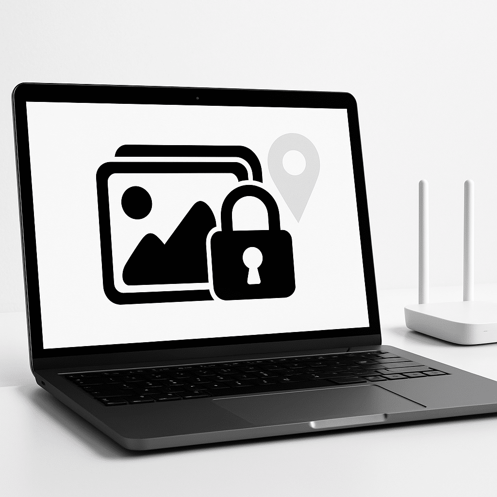 Laptop screen showing a photo album icon with big padlock overlay and faded GPS pin, clean high-contrast background, subtle Wi-Fi router nearby, minimalist composition