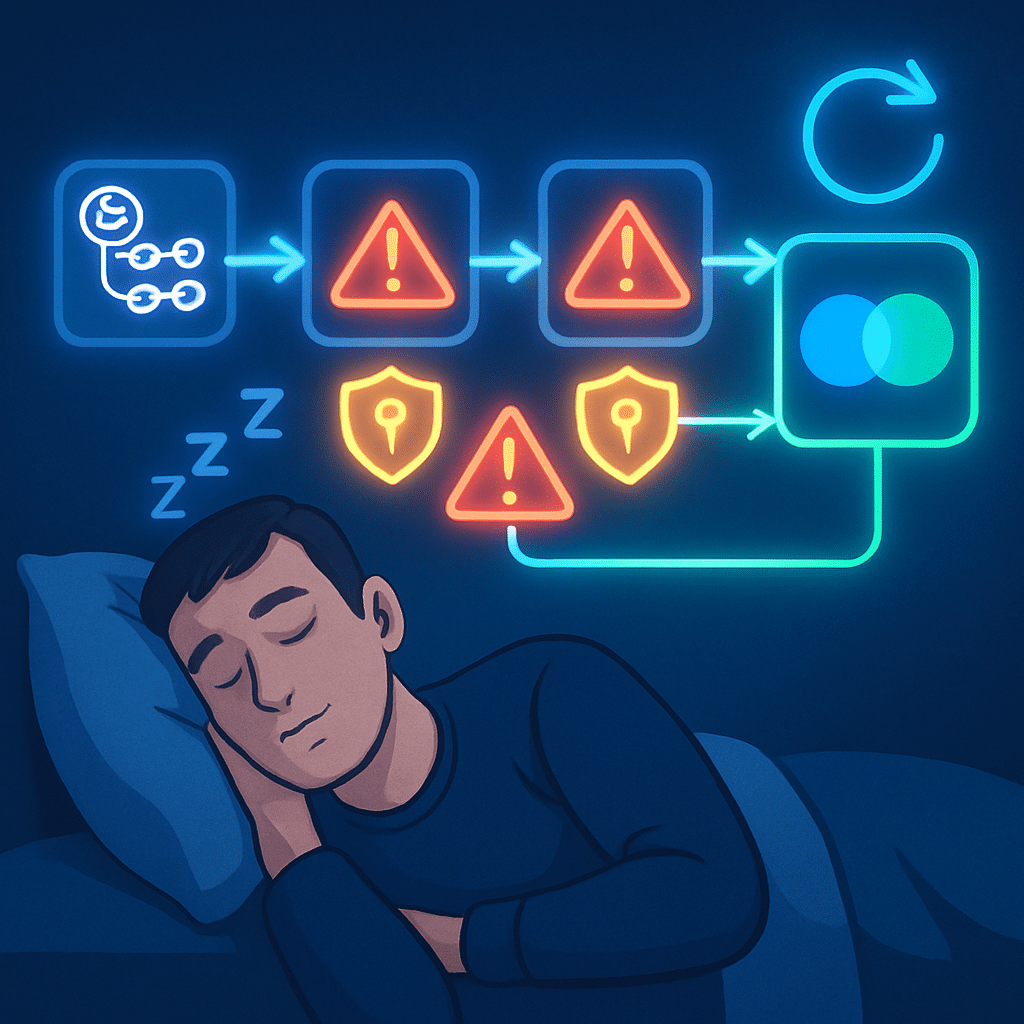 Calm on-call engineer sleeping while a CI pipeline glows with alerts, GitHub Actions branding, secret shields, and a safe rollback in a blue-green deployment.