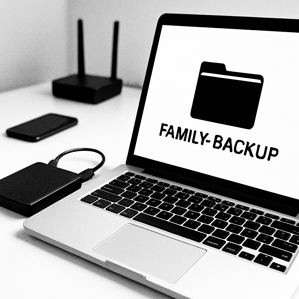 External USB drive beside a laptop on a clean desk with Family-Backup folder visible on screen, small smartphone and Wi‑Fi router in soft background, high-contrast, simple composition