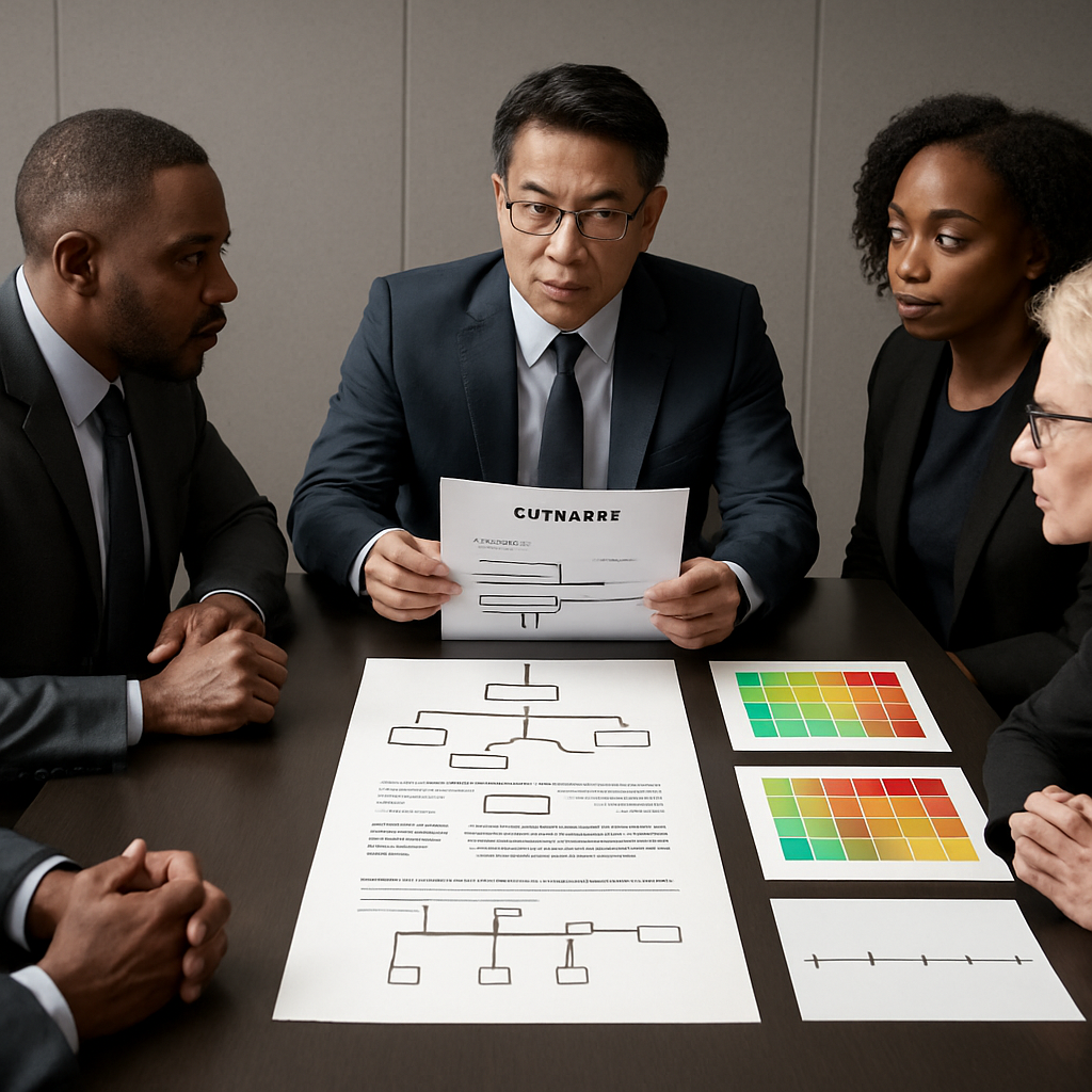 An executive tabletop scene: diverse leaders around a sleek conference table, central one-page brief, branching decision threads, heatmap dashboards, and a simple timeline; business-crisp, crisis-ready.