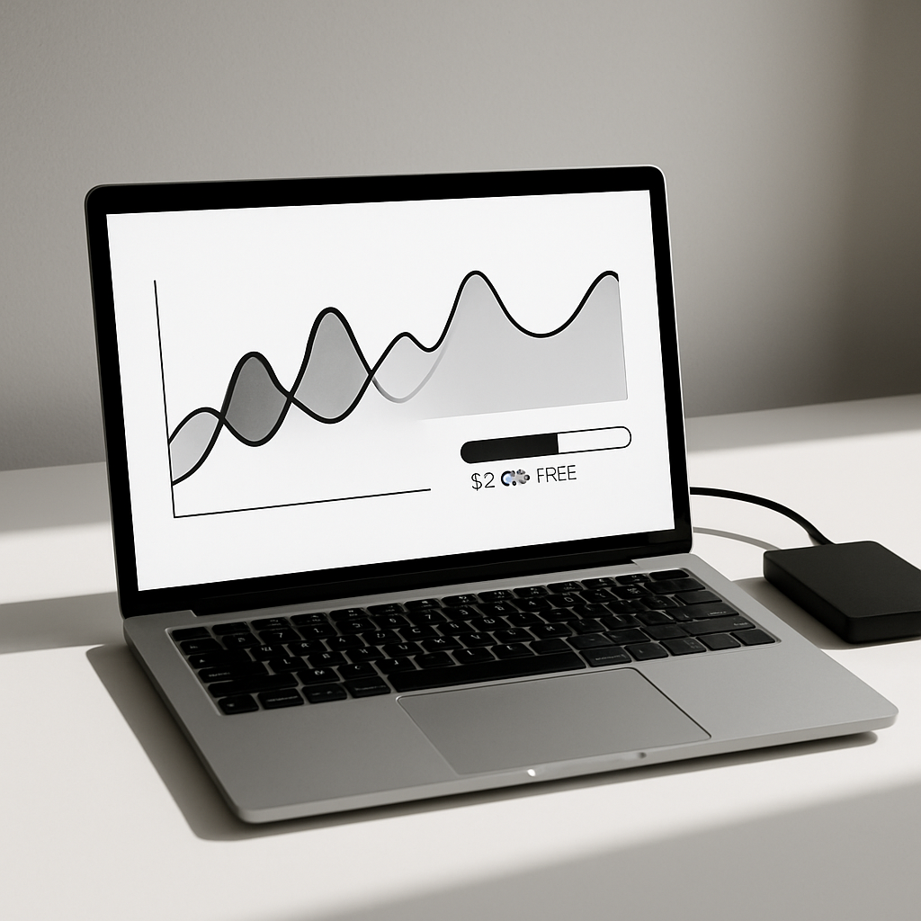 Minimalist laptop on clean desk, screen showing abstract performance graph and free space indicator, external backup drive beside it, high-contrast lighting, no people, neutral background
