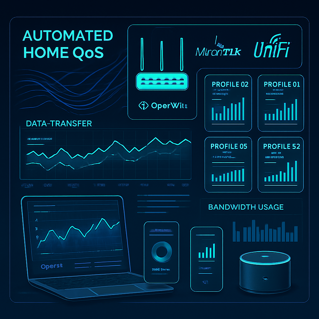 A futuristic dashboard visualizing automated home QoS: flowing data, graphs, and dynamic profiles updating in real time across routers, laptops, and smart devices, with OpenWrt, MikroTik, and UniFi icons.