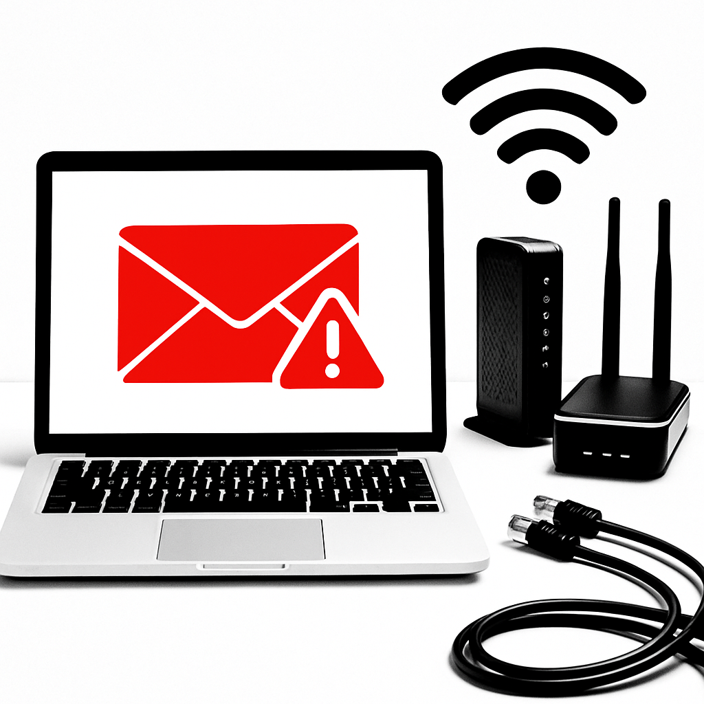 A laptop with a red warning envelope on screen beside modem and router on a clean white background, Wi‑Fi symbol and network cables, high-contrast, minimal style, troubleshooting at home