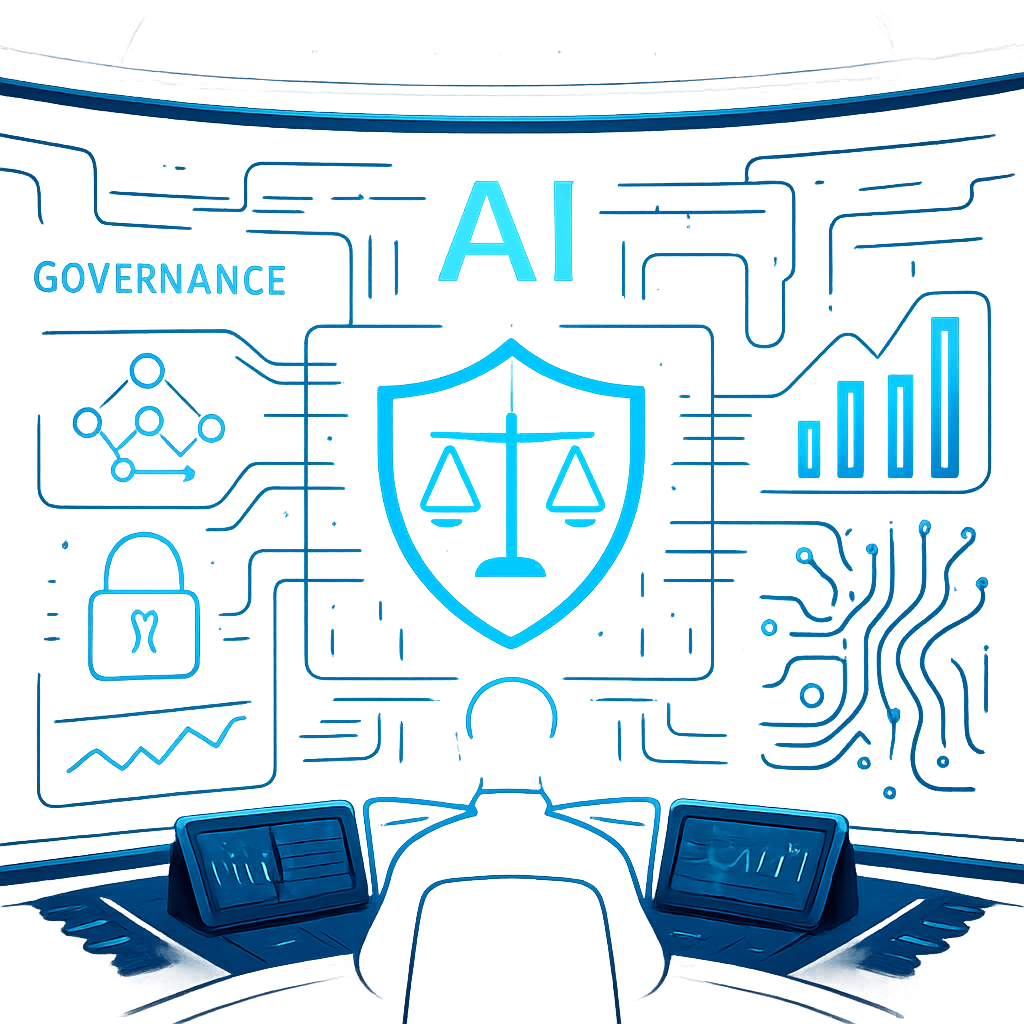 A futuristic control room overseeing AI systems with transparent data flow, governance icons, a shield of ethics; visuals of charts, a lock, scales, and circuit patterns representing defensible AI.