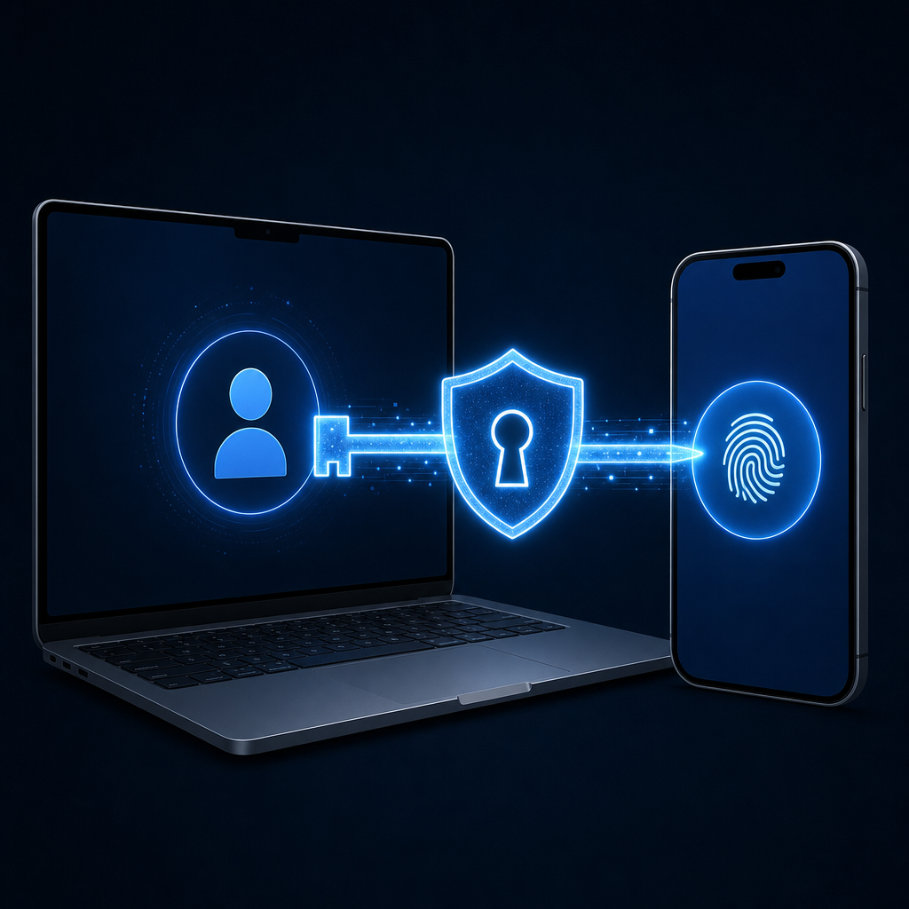 Clean high-contrast illustration of a laptop and smartphone connected by a glowing digital key and shield, representing secure passwordless passkey sign-in, minimal background, no logos or text.