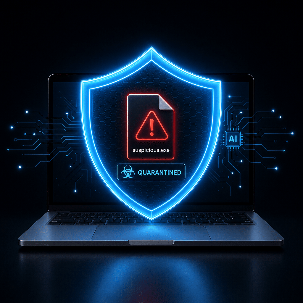 A laptop with a suspicious file icon isolated behind a glowing security shield, quarantine symbol, subtle AI circuit accents, clean dark background, high contrast
