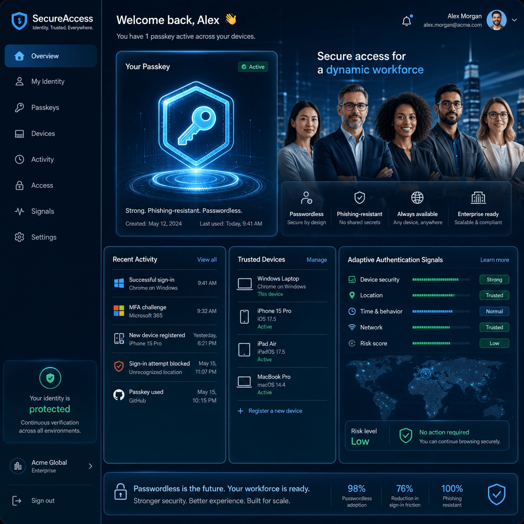 Futuristic workforce identity dashboard with glowing passkey, secure devices, adaptive authentication signals, and diverse professionals, sleek blue cyber-secure corporate aesthetic