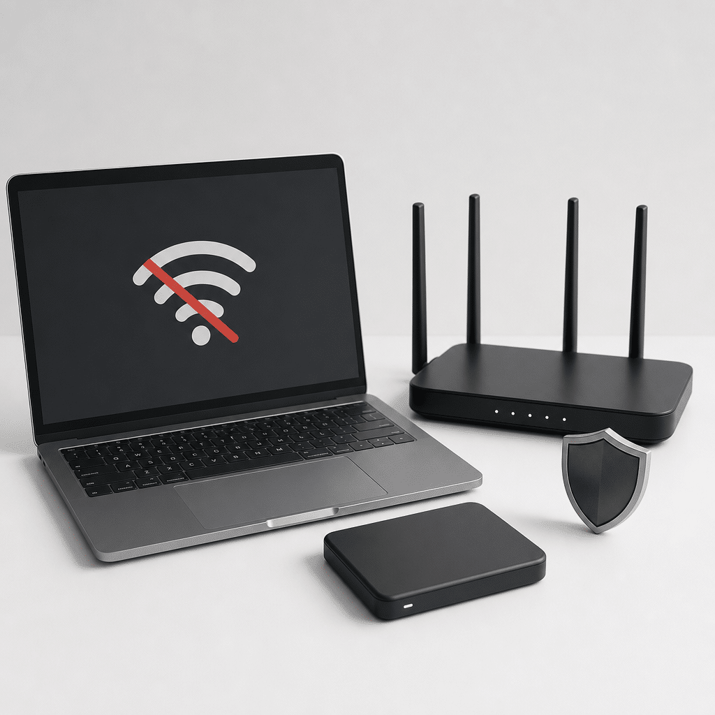 A laptop with Wi-Fi disconnected, clean external backup drive, and small security shield beside a home router, high-contrast minimalist composition, clean background, no logos or text.