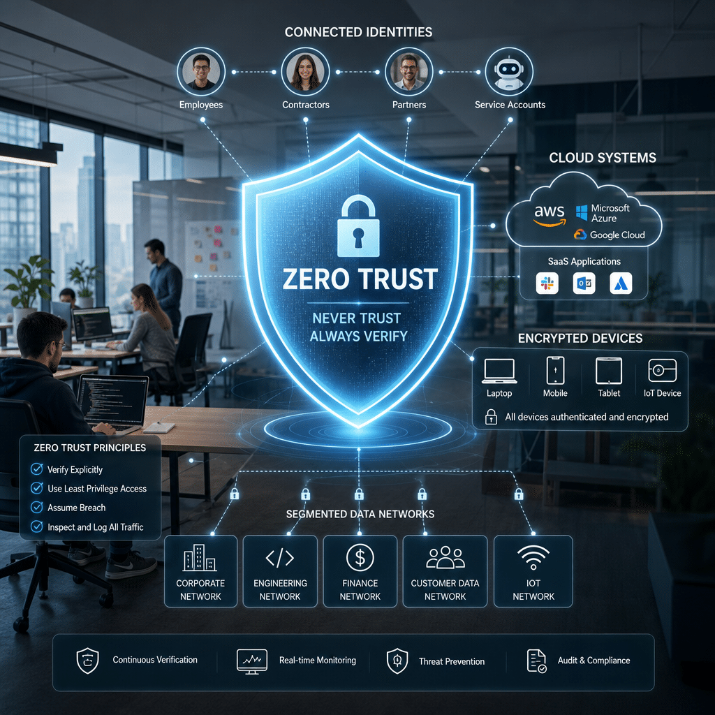 Modern startup office protected by a glowing zero-trust security shield, connected identities, encrypted devices, cloud systems, and segmented data networks, clean professional technology illustration