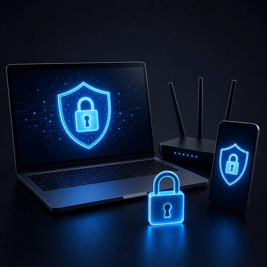 A laptop beside a home Wi‑Fi router and smartphone, glowing padlock and shield symbolizing password protection, clean dark background, high contrast, no logos or text