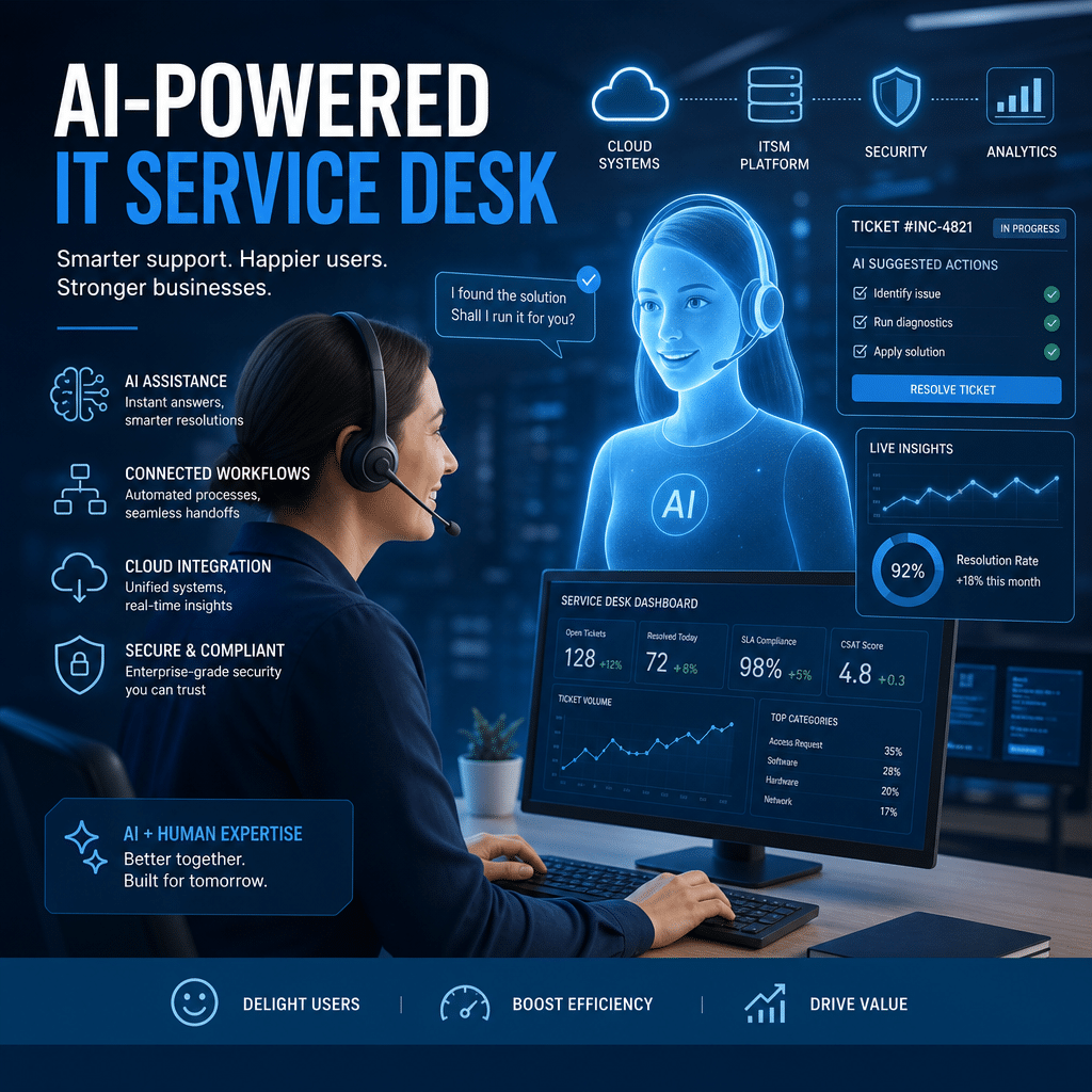 Modern IT service desk powered by AI: human support agent collaborating with a glowing virtual assistant, connected workflows, dashboards, cloud systems, secure blue technology aesthetic, professional blog thumbnail