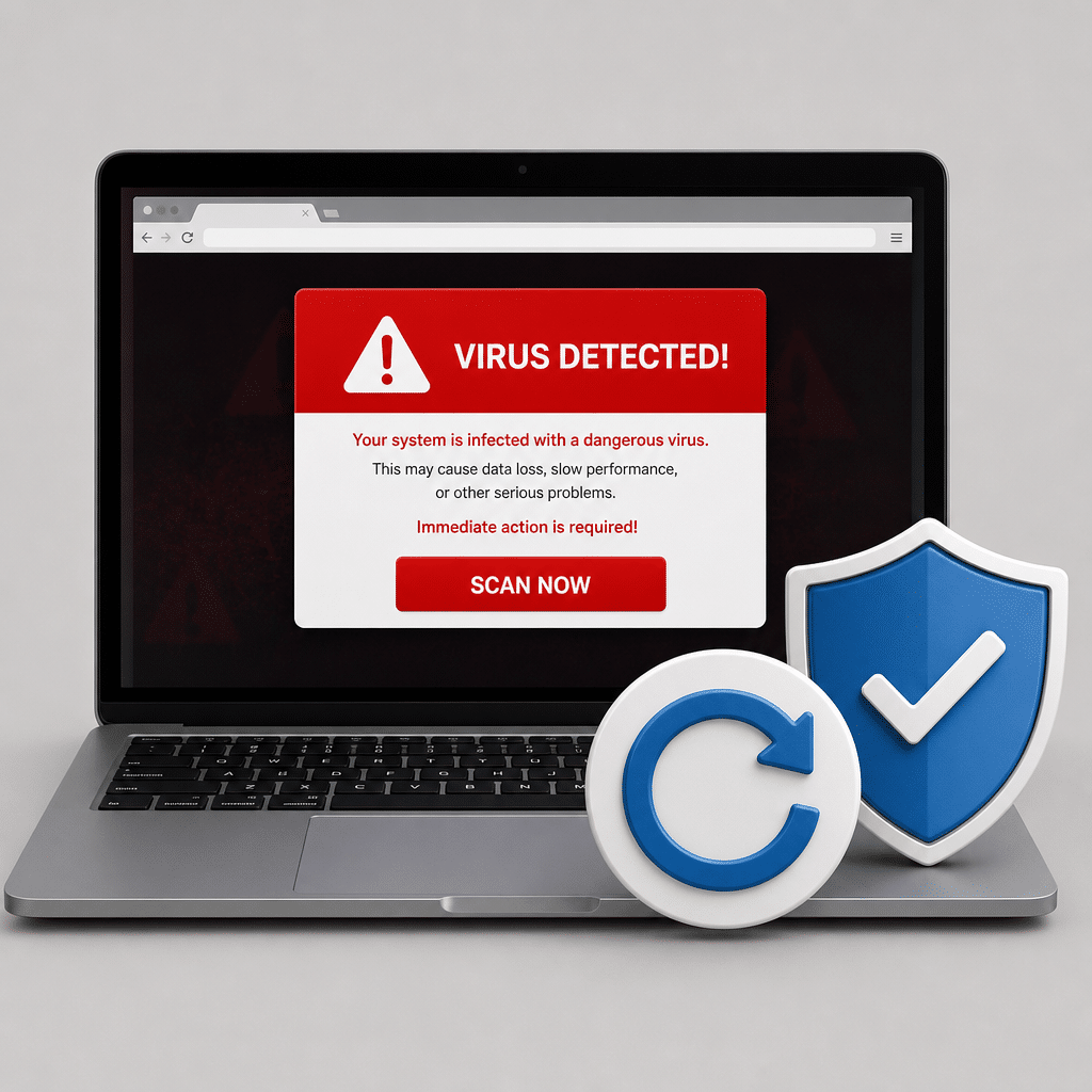 A laptop showing a generic fake virus warning pop-up, with a clean browser reset symbol and protective shield beside it, high contrast, simple neutral background, no logos.