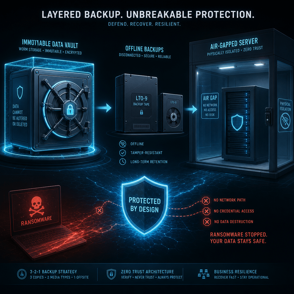 Cinematic cybersecurity illustration of layered backup protection: glowing immutable data vault, offline tapes, and an air-gapped server isolated from ransomware threats, blue and teal palette