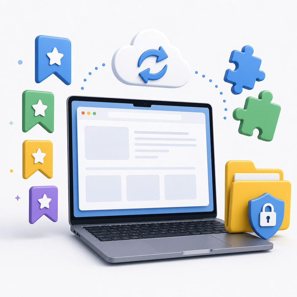 A laptop with floating bookmark icons, browser extension puzzle pieces, cloud sync arrows, and a secure backup folder, clean light background, high contrast, no logos or readable text.
