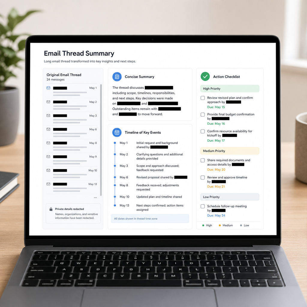 Clean laptop scene showing a long email thread transformed into a concise summary, timeline, and action checklist, with private details visibly redacted, high contrast, no logos or faces.