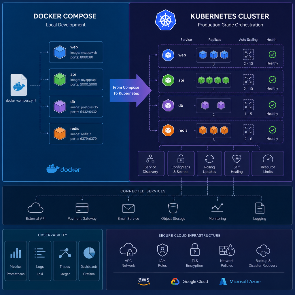Modern split-screen technology illustration: Docker Compose containers transitioning into a Kubernetes cluster, connected services, scaling replicas, health monitoring, and secure cloud infrastructure, clean professional style.
