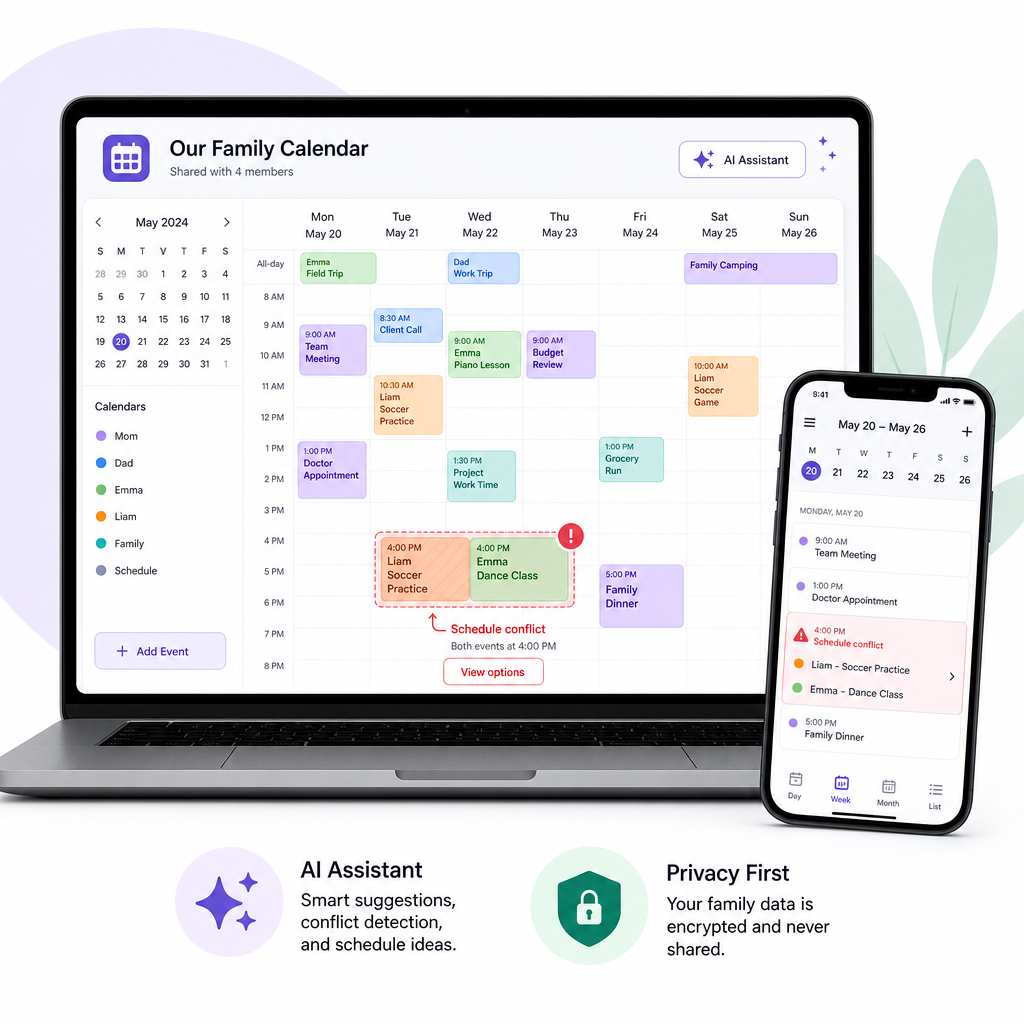Clean high-contrast illustration of a laptop displaying a shared weekly family calendar, colorful event blocks, one conflict highlighted, AI sparkle icon, privacy shield, and smartphone on a simple background; no logos or faces.