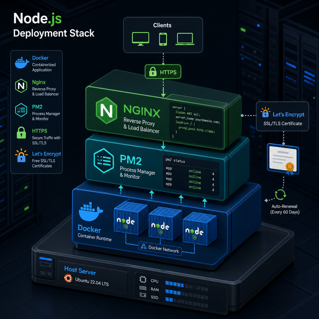 Modern isometric illustration of a Node.js deployment stack: Docker containers, Nginx reverse proxy, PM2 process monitor, HTTPS lock, and Let’s Encrypt certificate, dark server-room background, blue and green accents