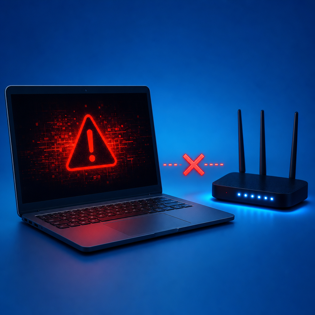 Suspicious laptop disconnected from a glowing home Wi-Fi router, red malware warning symbol on screen, clean blue background, high contrast, cybersecurity thumbnail, no text, no logos