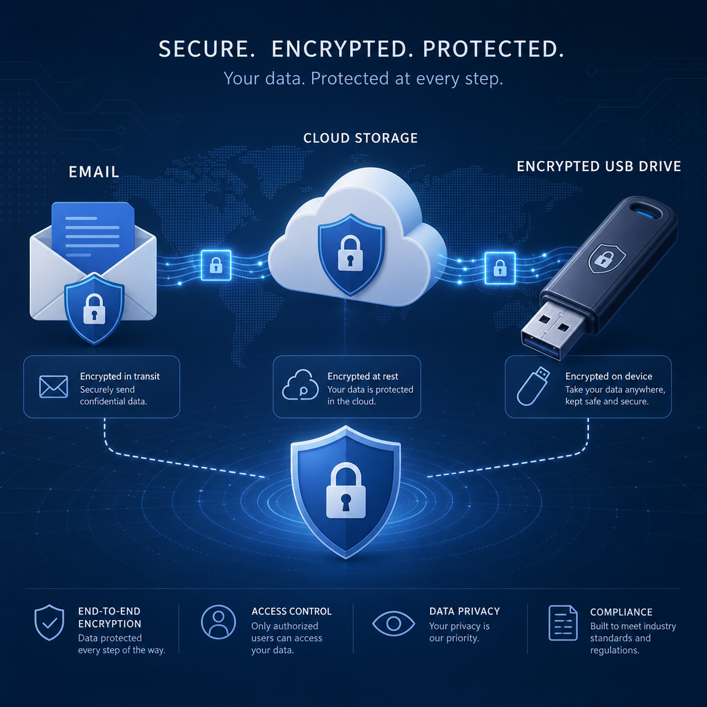 A modern cybersecurity illustration showing protected data flowing between email, cloud storage, and an encrypted USB drive, with shield icons, subtle corporate blue palette, clean professional style.