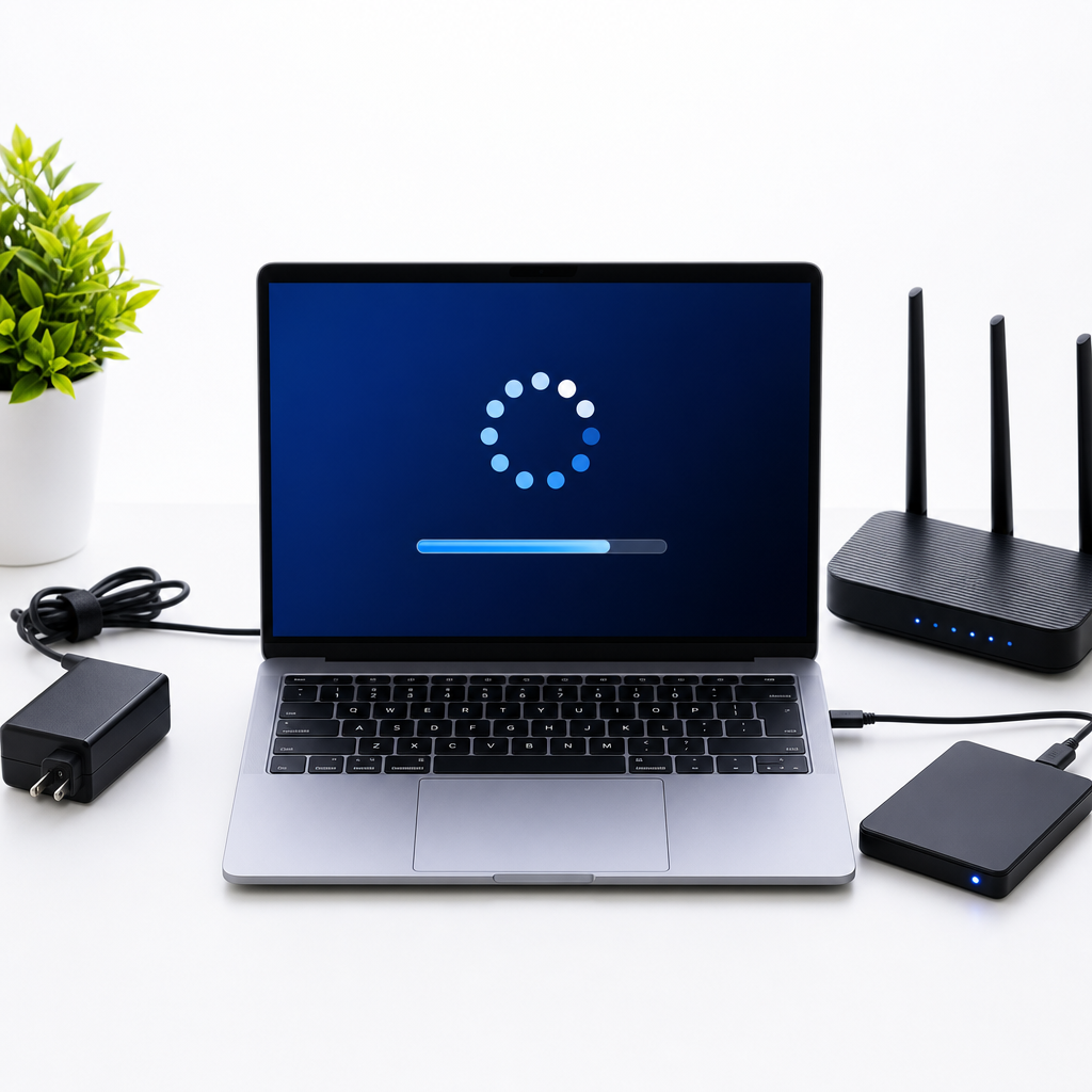 A laptop installing a system update beside a charger, backup drive, and Wi‑Fi router, clean bright background, high contrast, simple modern technology thumbnail, no logos, no readable text