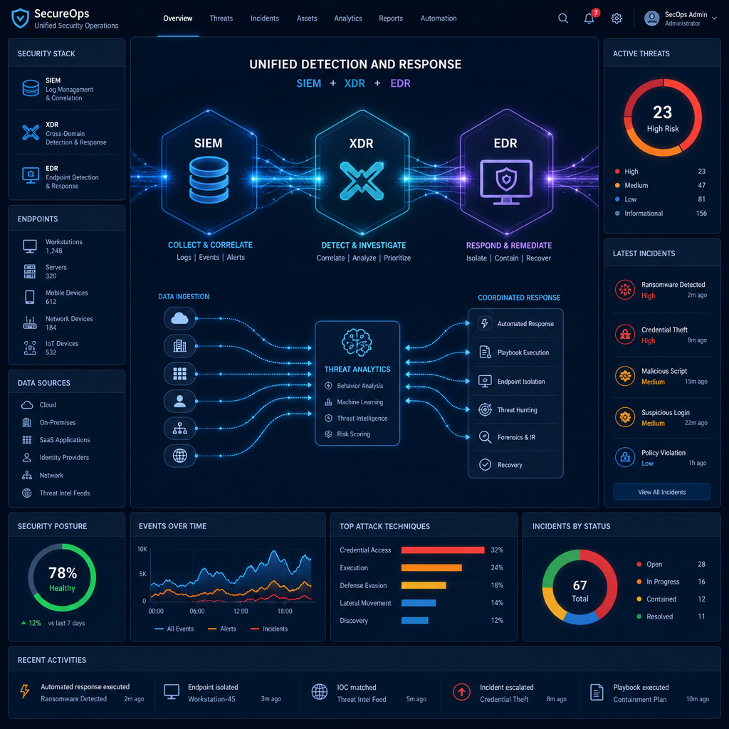 Modern cybersecurity operations dashboard connecting SIEM, XDR, and EDR through glowing data streams, endpoint devices, cloud systems, threat analytics, and coordinated response, dark blue professional style